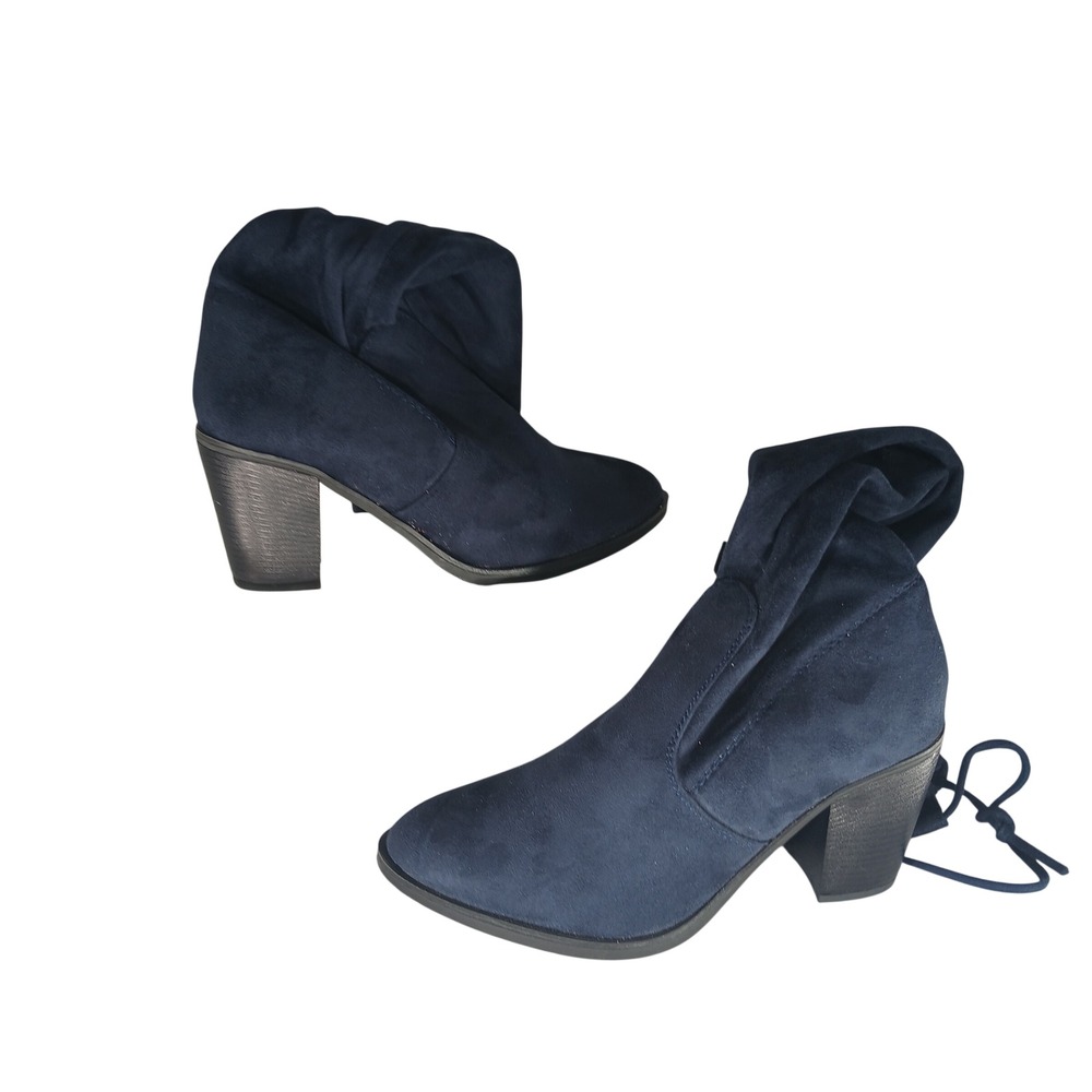 Forever Over The Knee Slouchy Boots 10 Navy Blue Faux Suede Block Heel Tie Back‎